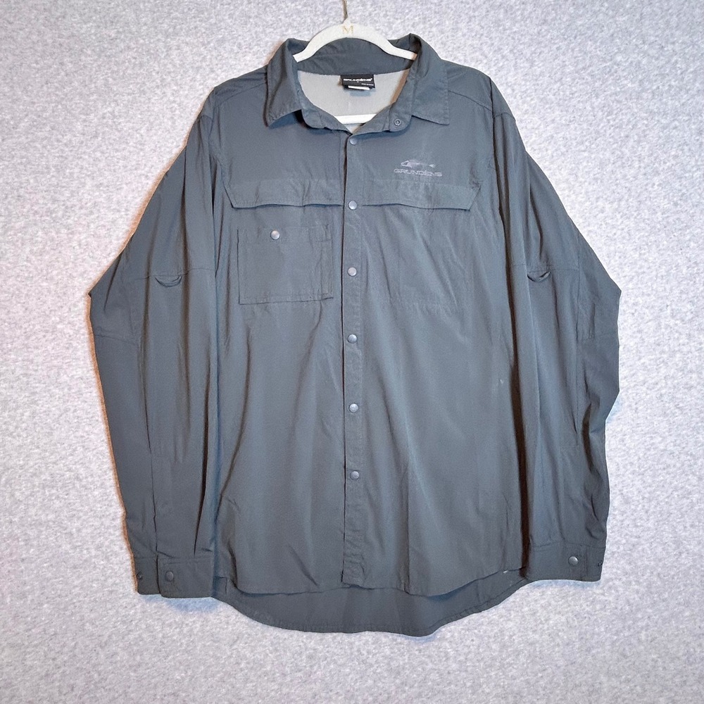 Grundens Fishing Shirt Mens L Gray Long Sleeve Snap Front Utility Gorpcore